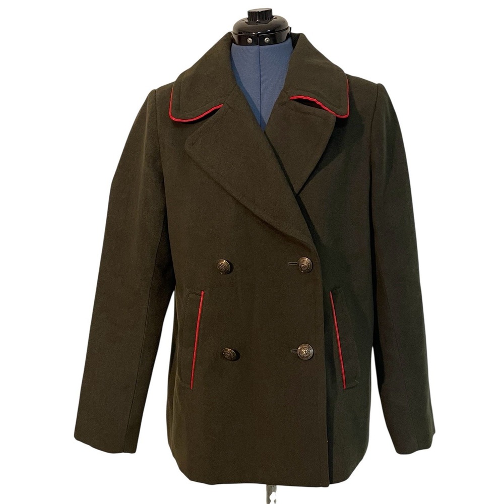 Express Army Green Red Piping Double Breasted Peacoat Military Preppy Academia M